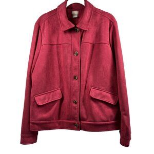 Chicos Jacket Microfiber Suede Size L Pink Button Up Long Sleeve Pockets Stretch